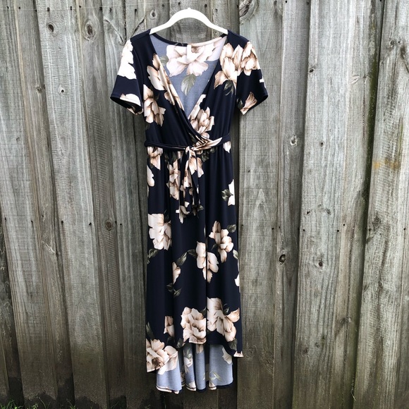 Navy Blue Floral Hi-Low Wrap Dress - Picture 2 of 8